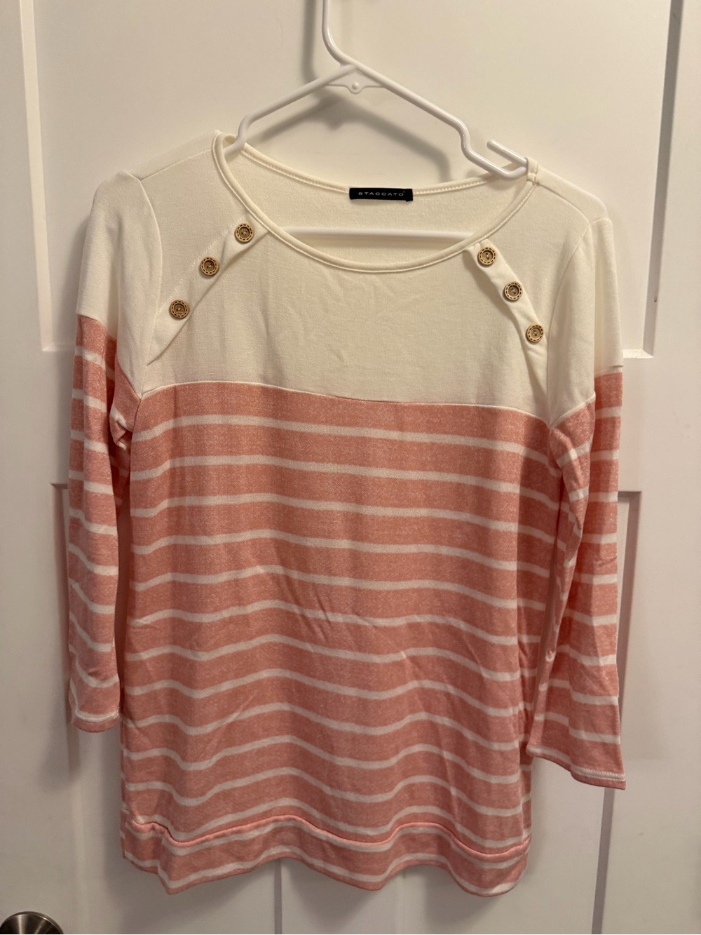 Stripe Crewneck Top with Buttons - Cream & Pink